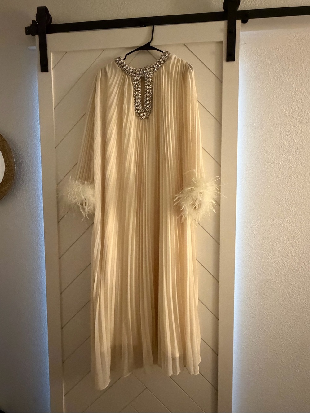 Ivory Pleated Maxi Dress with Jeweled Neckline